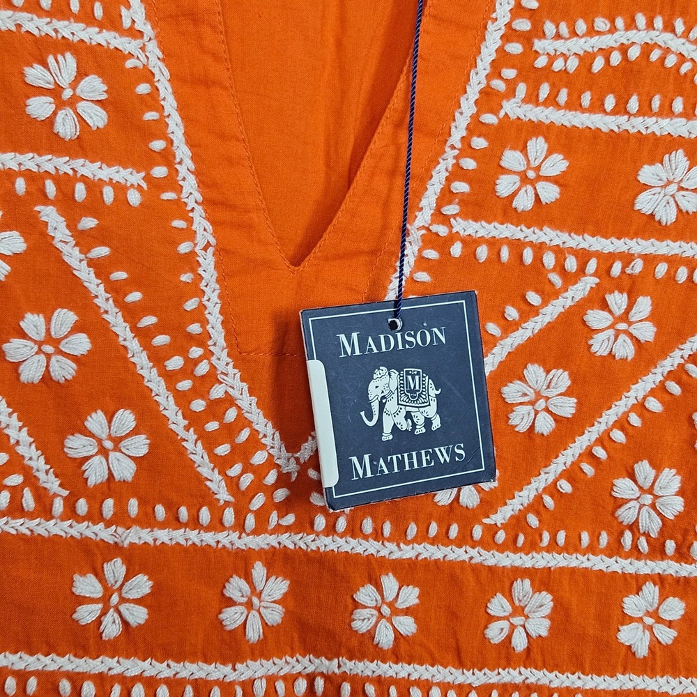 Madison Mathews Tunic Top Sz XS Orange White Floral Embroidered Cotton New - Picture 6 of 10
